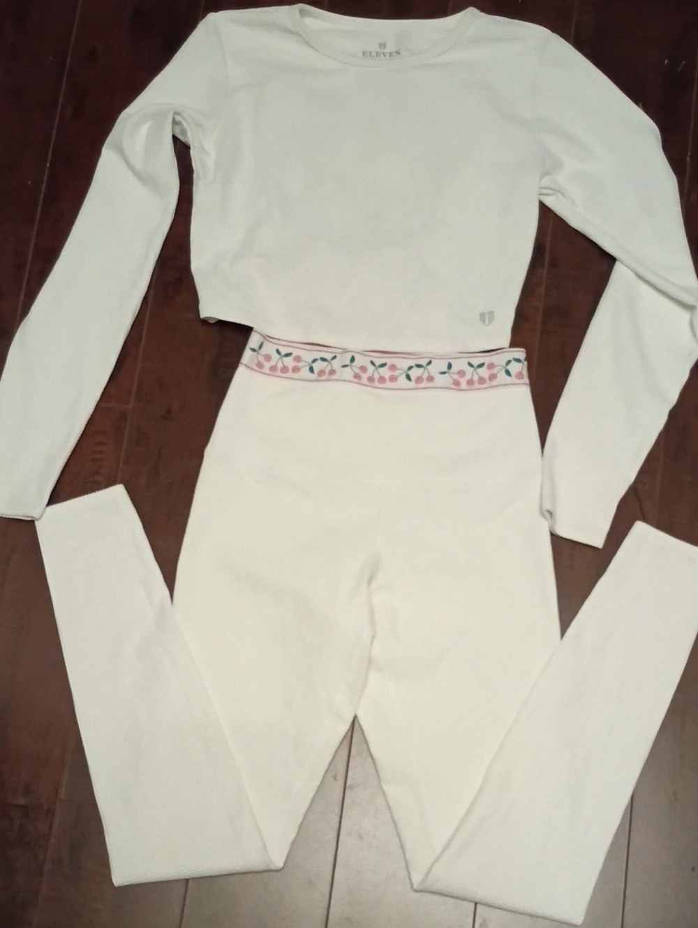 EleVen by Venus Williams Cream Ribbed High-Waist Leggings with Floral Waistband